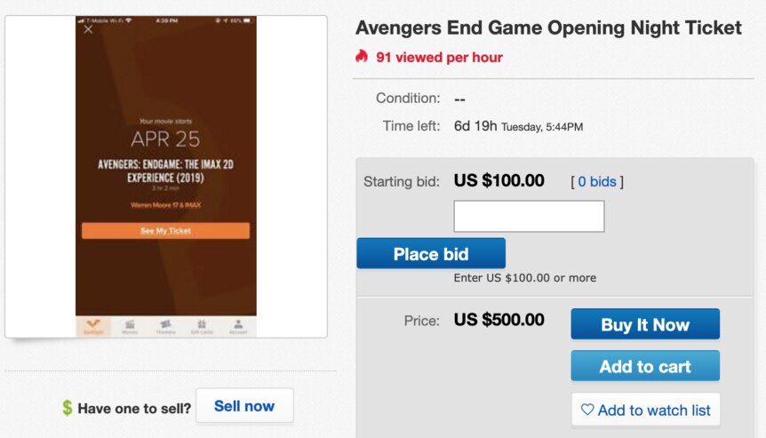 Avengers: Endgame tickets on eBay