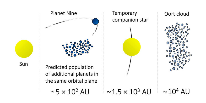Schematic of the proposed early solar system: Planet Nine orbits along with many other such objects about 75 billion km out from the Sun, with a second Sun-like star about 225 billion km out, and the Oort cloud of icy bodies.