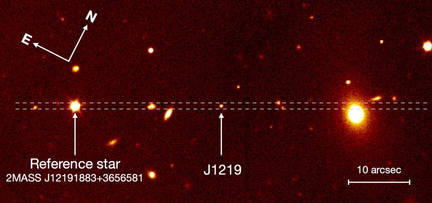 An image of the BL Lac object 4FGL J1219.0+3653 (center) together with some foreground galaxies and a star (left) used to align a slit to let light from the galaxy through the telescope to the spectrograph. Credit: Paliya et al.