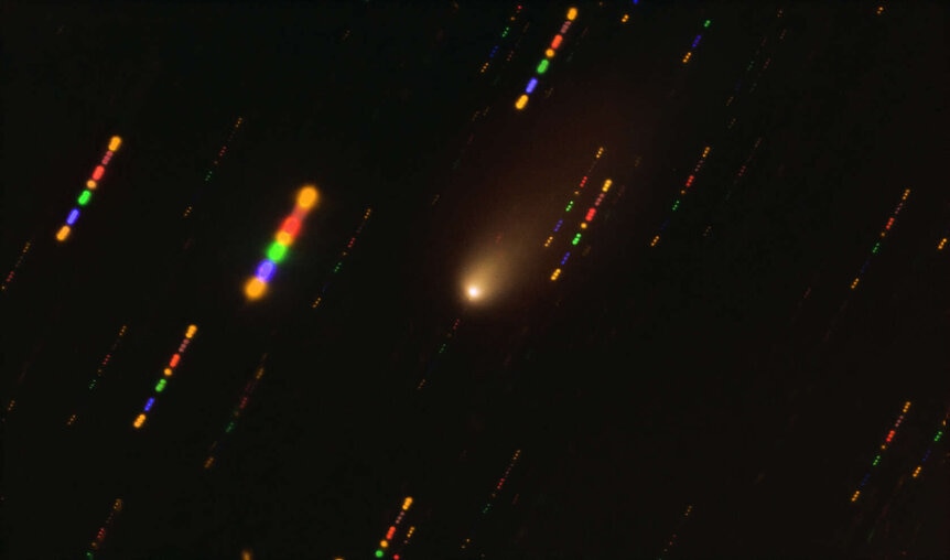 Very Large Telescope image of comet 2/I Borisov taken in late 2019. The stars shows as multi-colored streaks from different filters used over time while the telescope tracked the comet. Credit: ESO/O. Hainaut
