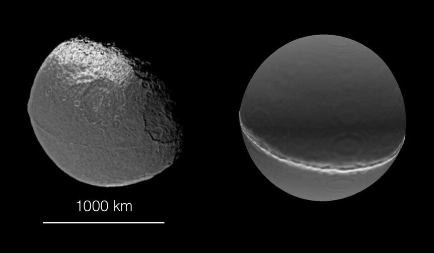 Cassini image of the walnut-shaped moon Iapetus (left), and a model of it based on collisions between smaller moons, reproducing the weird and huge equatorial ridge. Credit: NASA/JPL-Caltech/Space Science Institute/University of Bern