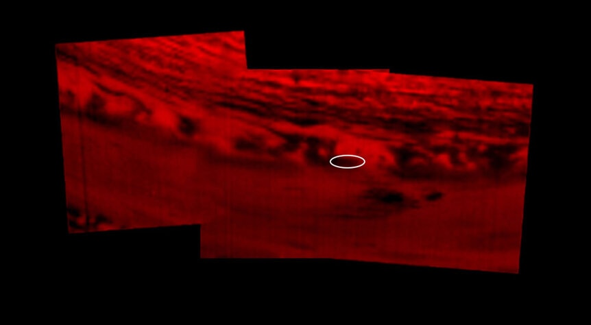 A thermal infrared image of Saturn taken by Cassini shortly before the end of mission shows heat radiating up from the planet’s interior; clouds block that heat and so they show up as dark. Credit: NASA/JPL-Caltech/University of Arizona