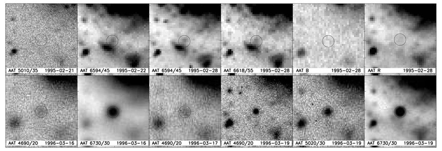 Images of SN1996cr taken by the Anglo-Australian Telescope in February 1995 (top row, each image shows the region in different color) show no sign of it, while by March 1996 (bottom) it’s clearly seen. Crediut: Bauer et al. 