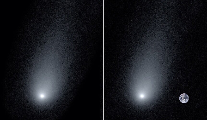 The interstellar comet 2I/Borisov, imaged by the Keck Telescope in Hawaii (left), and the same image compared to the size of the Earth (right; note the comet itself is far smaller than a pixel, but the gas around it forms the head that is quite large).