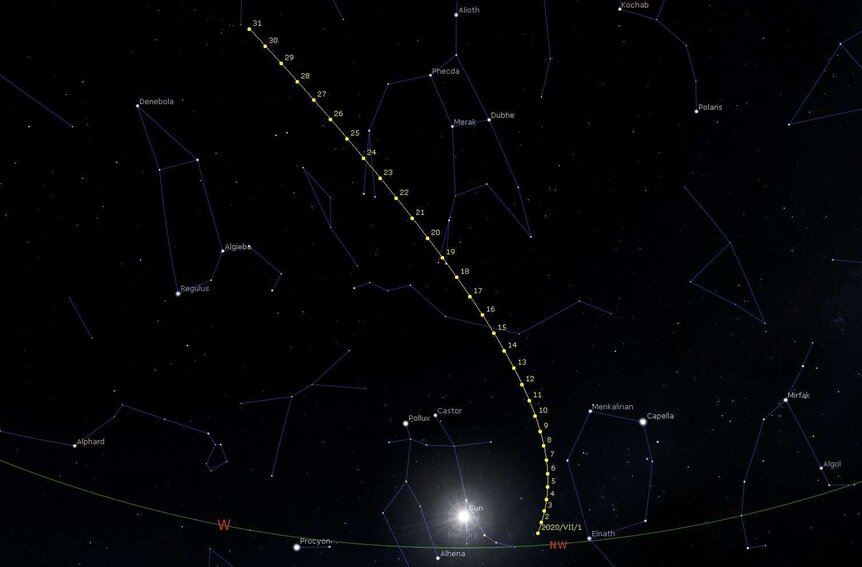 A map of the location of comet C/2020 F3 (NEOWISE) in the sky through the end of July 2020. Dubhe, Merak, and Phecda mark three points on the bowl of the Big Dipper. Credit: Cometwatch
