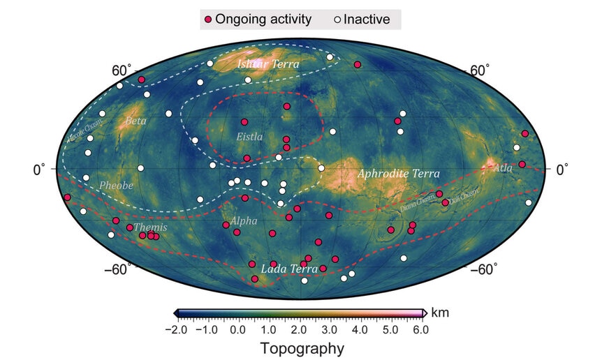 A global topographical map of Venus indicating where the coronae were found, and whether they are active or inactive. Credit: Gülcher et al.