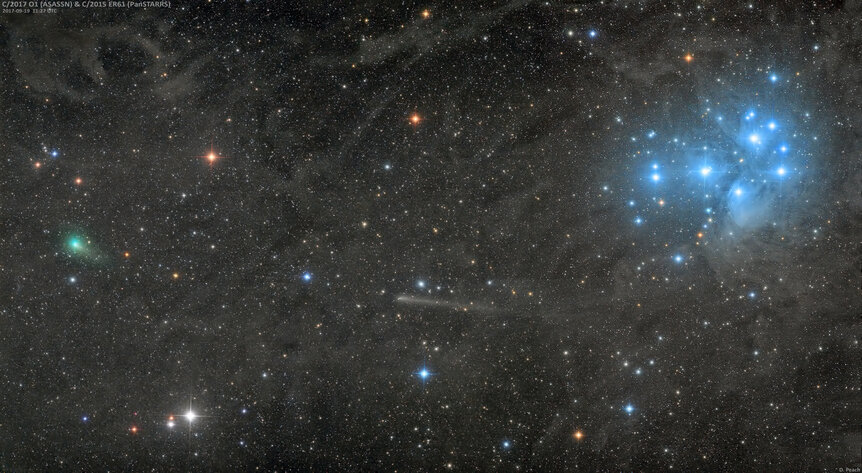 Two comets, stars, the Pleiades, and a lot of galactic dust bunnies. Credit: Damian Peach