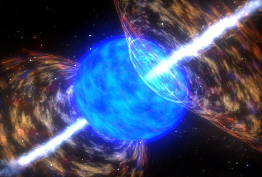 Artwork depicting beams of matter and energy tearing through a massive blue star, creating a hypernova and gamma-ray burst. Credit: NASA/Dana Berry/Skyworks Digital