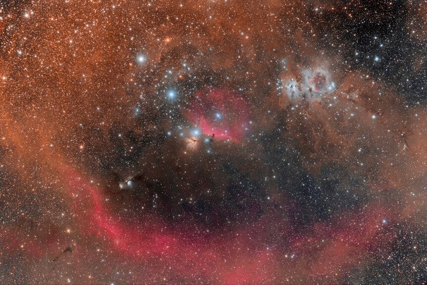 A spectacular wide-field shot of Orion's Belt, featuring the Horsehead, Flame, and Orion Nebulae (and lots of other stuff too). Credit: Derek Demeter