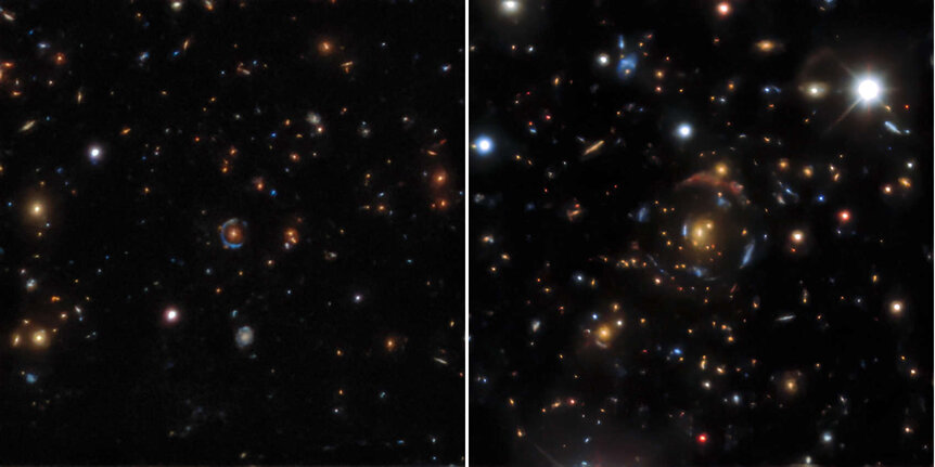 Two gravitational lenses seen in the DESI Legacy Surveys: A single galaxy lensing a background galaxy into a ring around it (left) and a cluster (right) creating a series of arcs. Credit: DESI Legacy Imaging Surveys/LBNL/DOE & KPNO/CTIO/NOIRLab/NSF/AURA