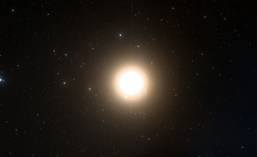 Arcturus is a red giant star that happens to lie just 37 light years away. It’s a big star, but only looks big in this image due to being hugely overexposed. Credit: Aladin/Digitized Sky Survey