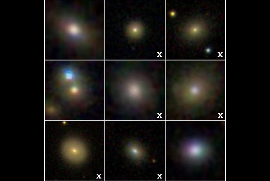Sloan Digitized Sky Survey images of nine dwarf galaxies that appear to have winds flowing away from them. Of these 6 (marked with an X) have supermassive black holes solely powering that flow. Credit: SDSS / Phil Plait
