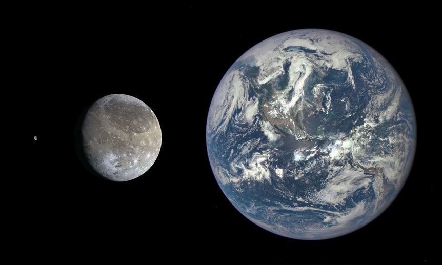 Earth (right), Ganymede (center), and Hyperion (left, standing in for the impactor) to scale. Credit: NASA / NOAA / DSCOVR, NASA / JPL-Caltech / Emily Lakdawalla, NASA / JPL / SSI / Gordan Ugarkovic