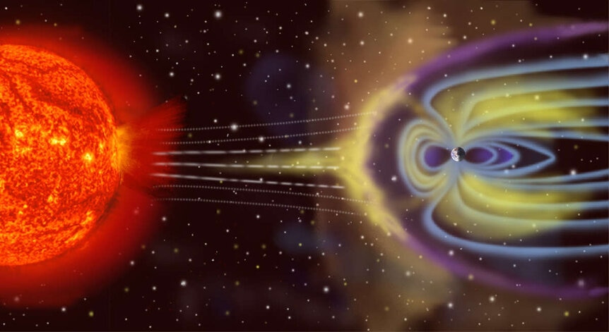 The solar wind compresses Earth’s magnetic field on the side facing the Sun, but creates a long downwind tail on the other side. Credit: NASA