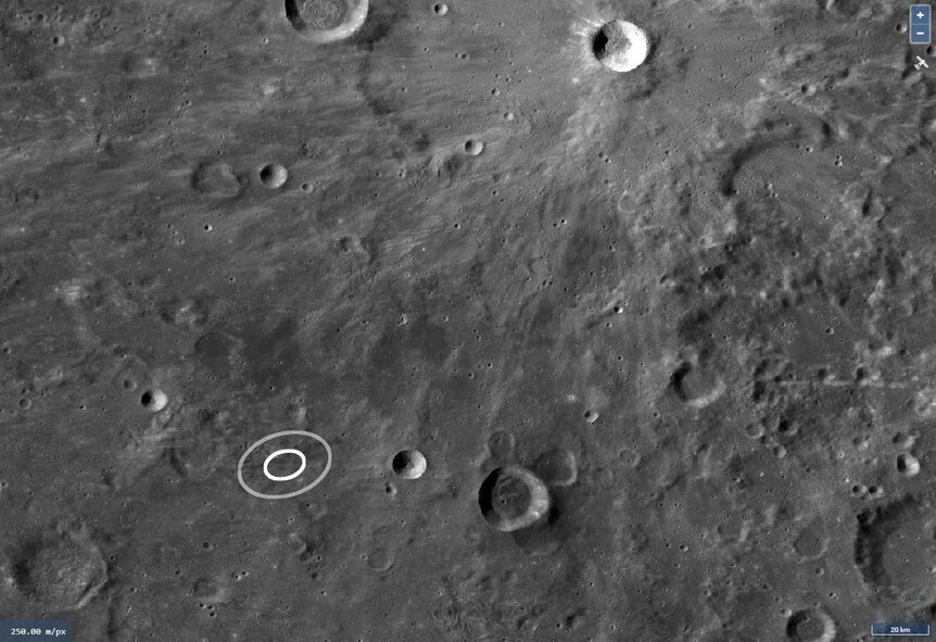 The impact site of a small asteroid that hit the Moon during a lunar eclipse is mapped here; the inner ellipse marks the region where the uncertainty is limited by the flash, and the outer by uncertainties in the locations of the observers.