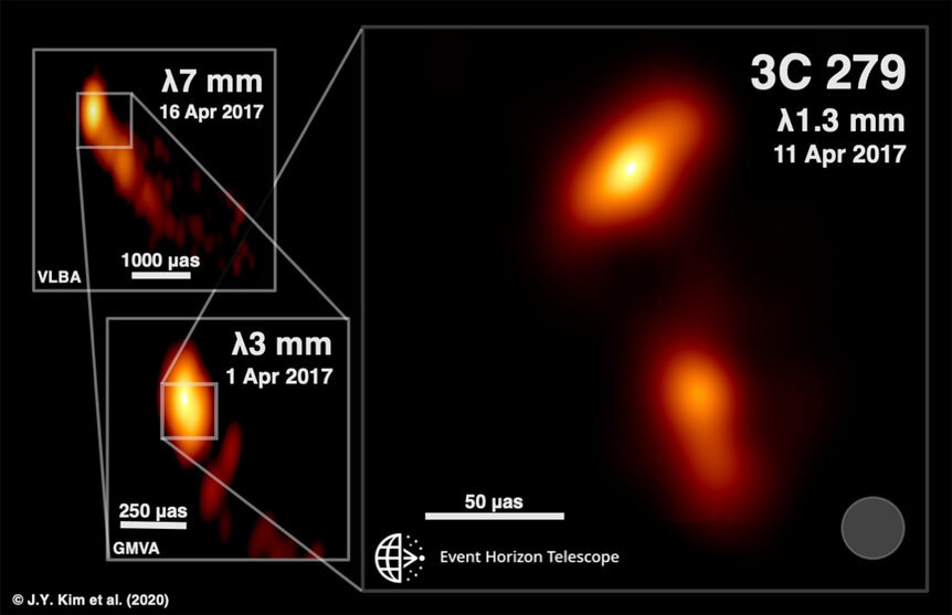 A jet of material is seen erupting from the core of the galaxy 3C279 (left, top and bottom. The Event Horizon Telescope view of the innermost part (right) reveals a blob of material moving away at nearly the speed of light. Credit: J.Y. Kim (MPIfR), Bosto