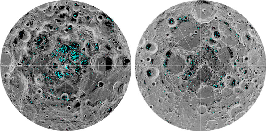 The location of ice found at the Moon’s south (left) and north (right) poles by NASA M3 instrument on India’s Chandrayaan-1 spacecraft. The shade of the background image of the Moon represents temperature, where darker is colder. Credit: NASA