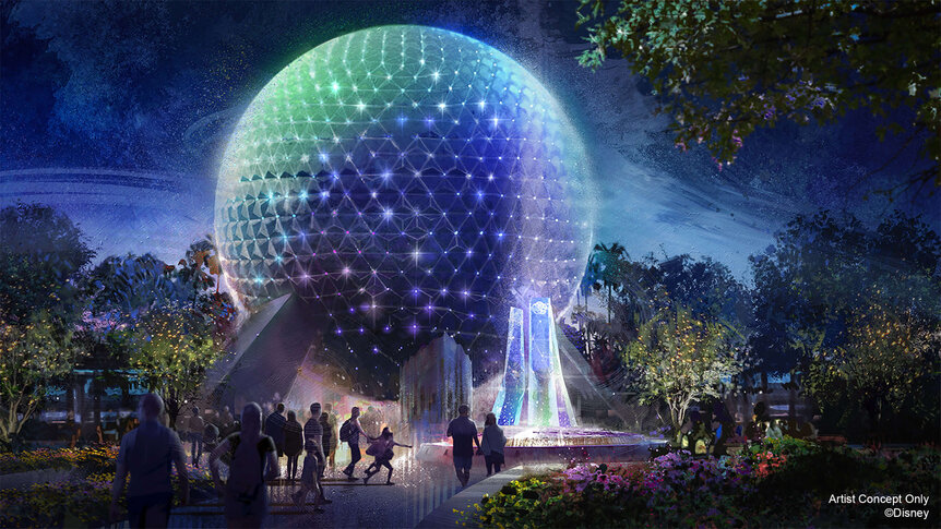 Artist rendering of Epcot's Spaceship Earth at nighttime