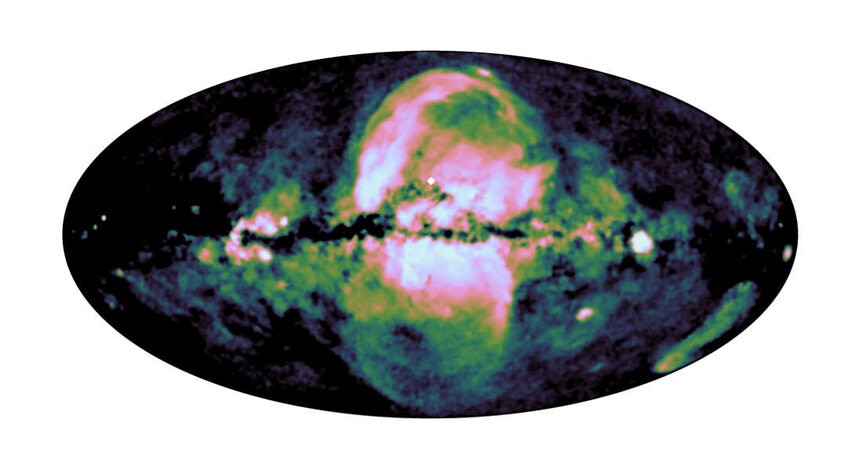 An all-sky map shows medium-energy X-rays seen by eROSITA, with the two huge lobes (pink and green) going above and below the plane of the Milky Way. Credit: MPE/IKI