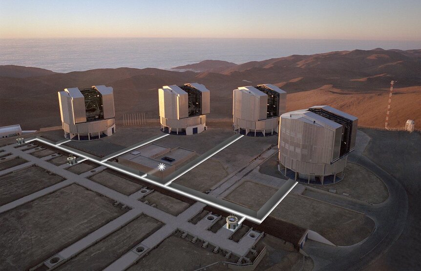 The four telescopes making up the Very Large Telescope can combine their powers to work like a single telescope nearly 100 meters across. Those domes are roughly 20 meters across. Credit: ESO