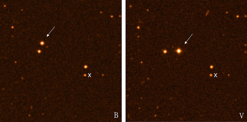 Wolf 359 is a high proper motion star, meaning its motion through space is large. Two images taken a few years apart show its motion (arrow). I added an X to show the star’s location in Damian Peach’s images from 2017.