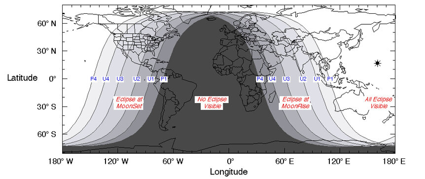 Visibility map of the eclipse; white areas see the entire event, darkest regions see none. The labels are explained in the previous diagram. Credit: Fred Espenak