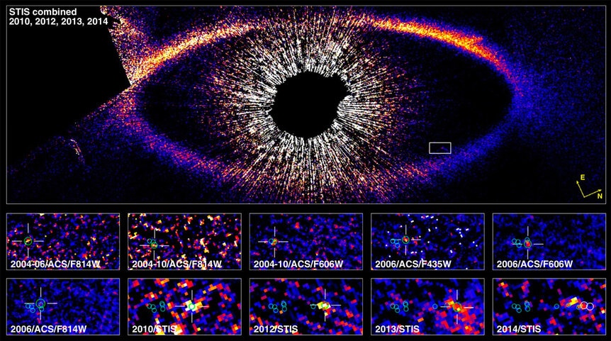 A Hubble image of the ring around Fomalhaut (top) with individual observations of what may be an expanding debris cloud over 10 years (bottom)