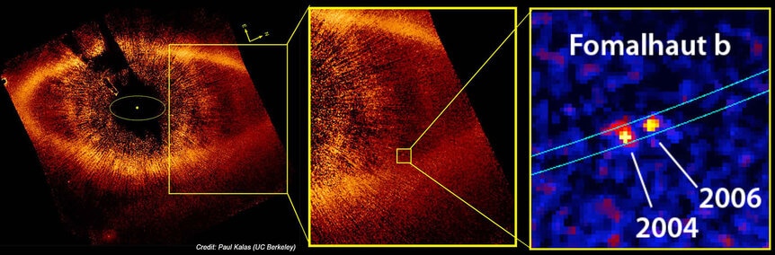 Zooming in on a Hubble image of the star Fomalhaut and its ring (left and middle) shows an object, and its movement seen between 2004 and 2006 (right). Credit: Paul Kalas / UC Berkeley