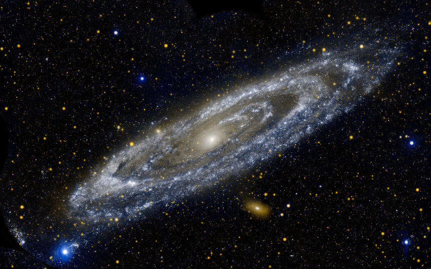 The Andromeda galaxy in the ultraviolet, as seen by NASA’s GALEX mission. Credit:&nbsp;NASA/JPL-Caltech