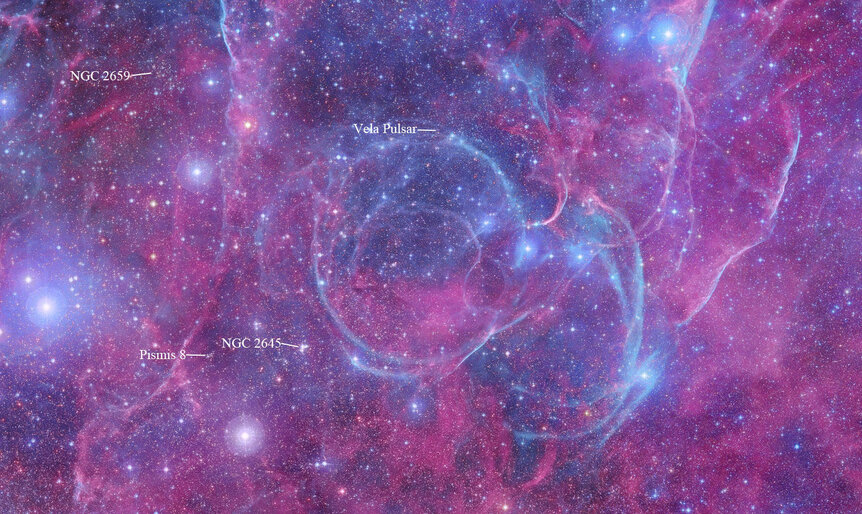An annotated section of the larger Vela image, showing the location of the Vela pulsar. Credit: Robert Gendler and Roberto Colombari / DSS