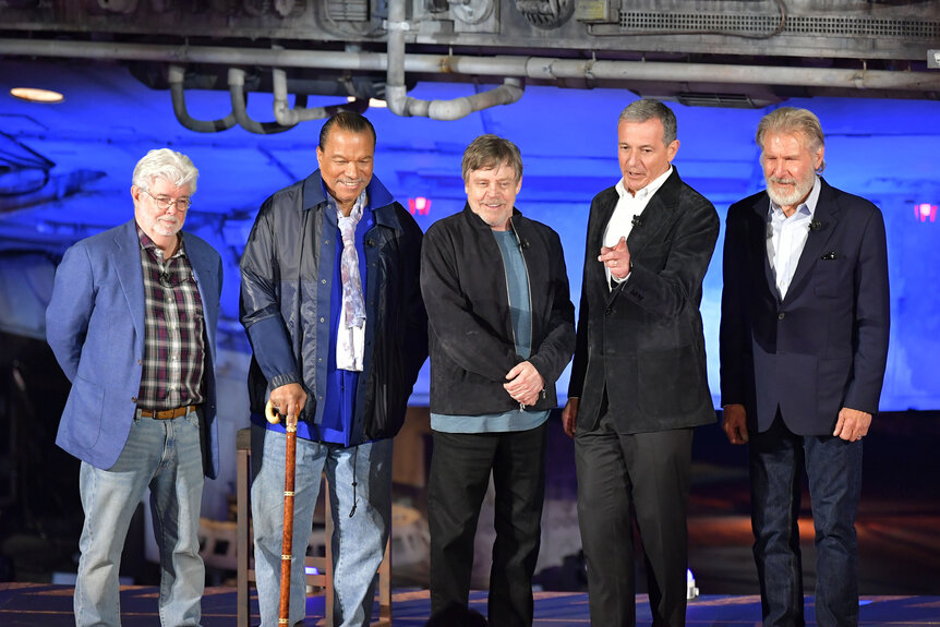 Galaxy's Edge opening; George Lucas, Billy Dee Williams, Mark Hamill, Bob Iger, Harrison Ford