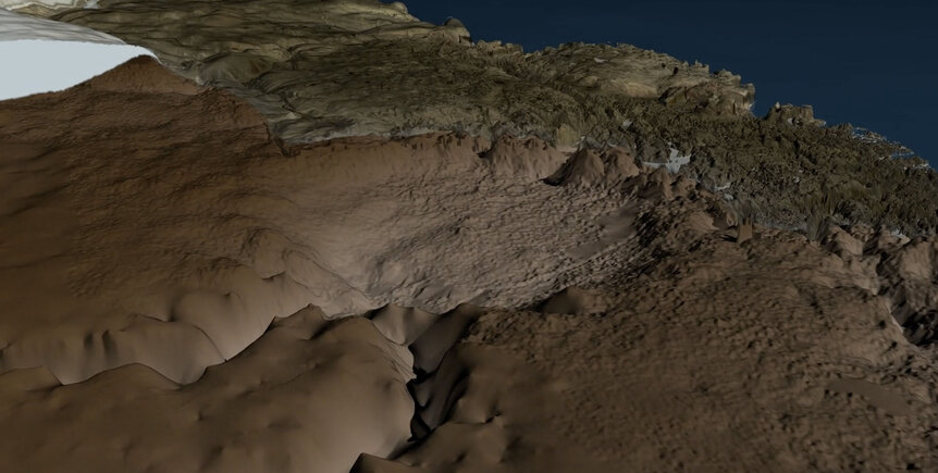 3D rendered topography of the Hiawatha glacier impact site in NW Greenland. The circular crater bowl is clearly seen, as are sharp rim peaks and the central peak cluster. Credit: Natural History Museum of Denmark, Cryospheric Sciences Lab, NASA/GFSC