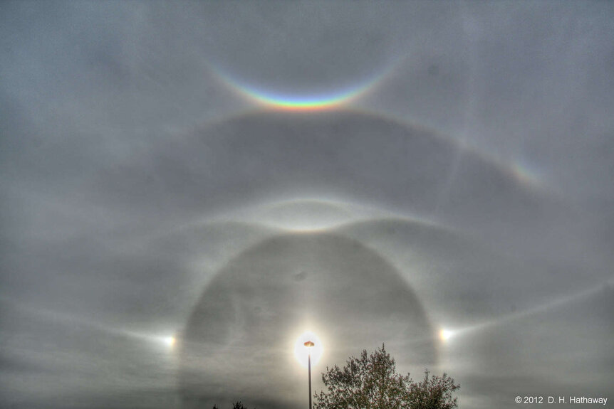 An incredible display of parhelia, haloes, and other optical phenomena due to ice crystals in the air refracting sunlight. Credit: David Hathaway; Joe dePasquale