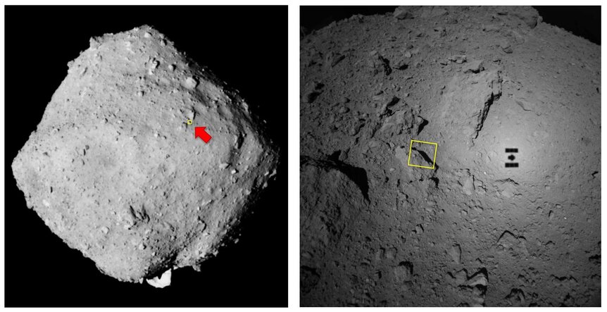 Wide angle (left) and medium angle (right) views of Ryugu, showing the context for the high-res image. In both shots, the yellow box is the outline of the high-res image.