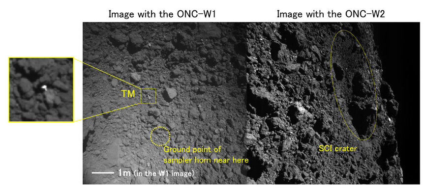 hayabusa2_touchdown2_surfaceTwo images taken simultaneously from two different cameras on Hayabusa2 just before touchdown show the landing site (left, with the target marker highlighted) and the impact crater generated in April 2019 just 20 meters away (r