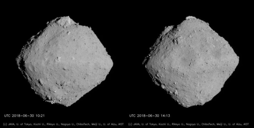 Very nearly the entire surface the small asteroid Ryugu, taken a few hours apart on June 30, 2018.