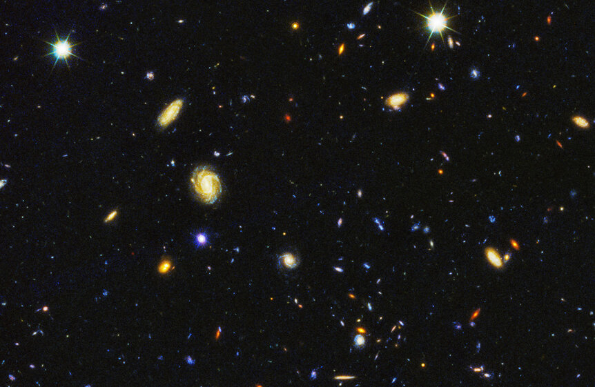 Detail of the HDUV survey (northern field) showing galaxies in the process of maturing. Credit: NASA, ESA, P. Oesch (University of Geneva), and M. Montes (University of New South Wales)