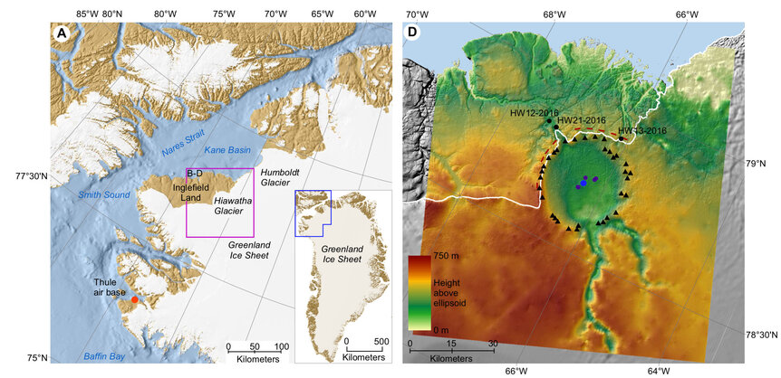 A map of the area around the Hiawatha impact crater in Greenland (left) shows its location, and a topographic map based on radar (right) clearly shows the crater itself in the bedrock. Credit: Kjær et al., Science Advances