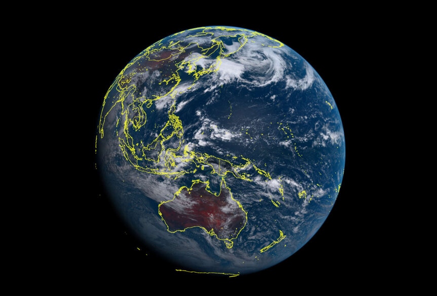 For orientation, the continents are outlines in this Himawari-8 image of the Earth around noon Japan time on 18 May 2020. Credit: JAXA / JMA