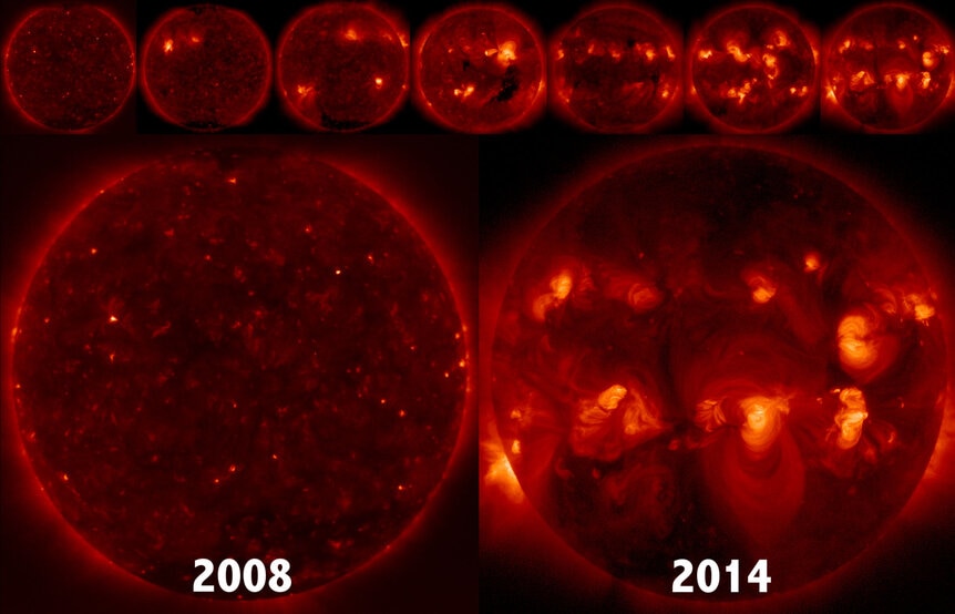 An X-ray sequence showing the Sun from 2008 through 2014, taken by the Hinode spacecraft. Solar magnetic activity peaked in 2014, but solar storms are still common after the peak. Credit: JAXA/NASA/CfA