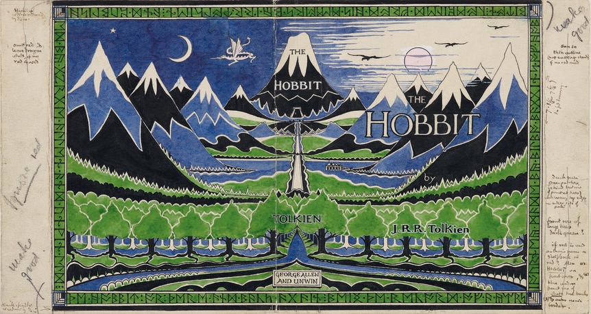 The Hobbit dust jacket with notes – Morgan Library Tolkien exhibit