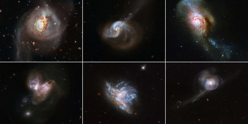 Galaxy collisions observed using Hubble Space Telescope. Clockwise from upper left: NGC 3256, NGC 1614, NGC 4194, NGC34, NGC6052, NGC 3690. Credit: NASA & ESA