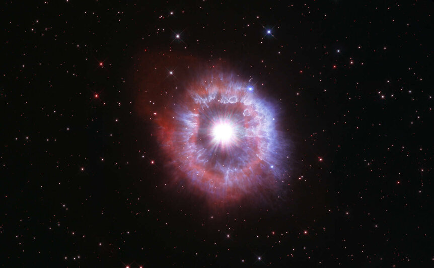 The violently explosive star AG Carinae is surrounded by huge amounts of gas and dust — enough to make 15 Suns — seen here in a Hubble image celebrating its 31st year since launch in 1990. Credit: NASA, ESA and STScI