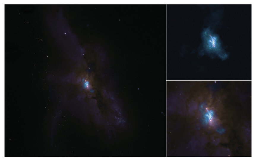 NGC 6240 is a galactic collision in progress. ALMA shows the black hole in each galaxy (red dots) surrounded by molecular gas, and when combined with the Hubble image (left, and zoomed bottom right) shows the chaos of stars in the middle of the collision.