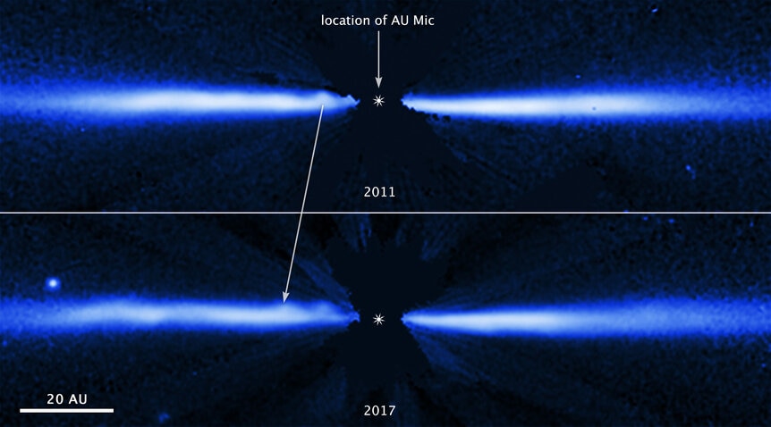Hubble/STIS images of AU Mic taken a few years apart show the motion of a blob moving outward from the star. Credit: NASA, ESA, J. Wisniewski (University of Oklahoma), C. Grady (Eureka Scientific), and G. Schneider (Steward Observatory)