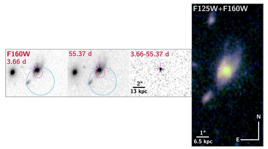 Hubble observations taken 3.66 and 55.37 days after the burst (left, middle) show the position of the burst as seen by Hubble (lilac crosshairs)