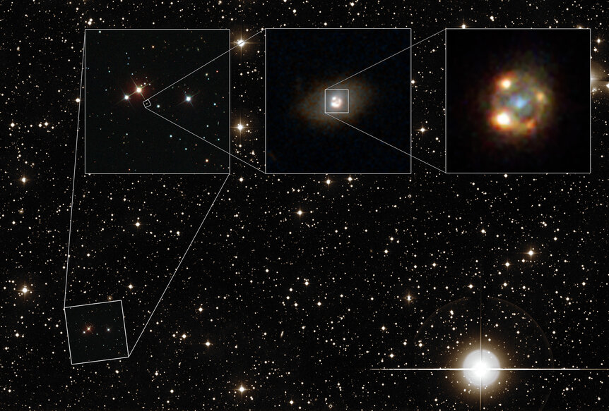 Zooming in on a gravitationally lensed supernova: The sky around the galaxy (background), the field immediately around the galaxy (left inset), the galaxy itself (middle inset), and the lensed galaxy and supernova (right inset). 