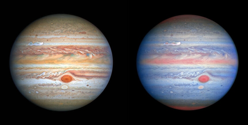 A comparison of the visible light image of Jupiter (left) with the UV, visible, and IR image (right) taken a short time later (note the planet’s slight rotational shift to the right).