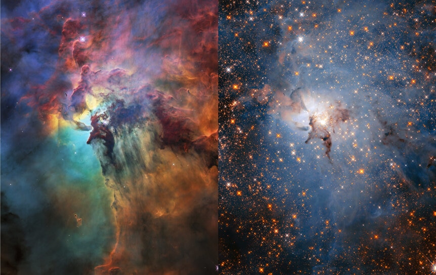 A side-by-side comparison of the Lagoon Nebula in visible light (left) and infrared (right), both using Hubble Space Telescope. NASA, ESA, STScI