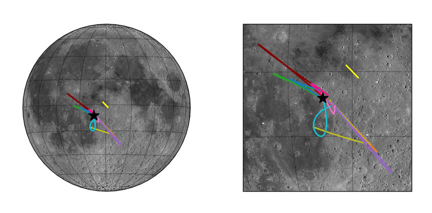A map of the Moon (left) and close-up (right) show the locations of the various Hubble observations. The black star was the nominal pointing of the telescope. The tracks are due to the Moon’s movement as Hubble observed. Credit: Youngblood et al. 